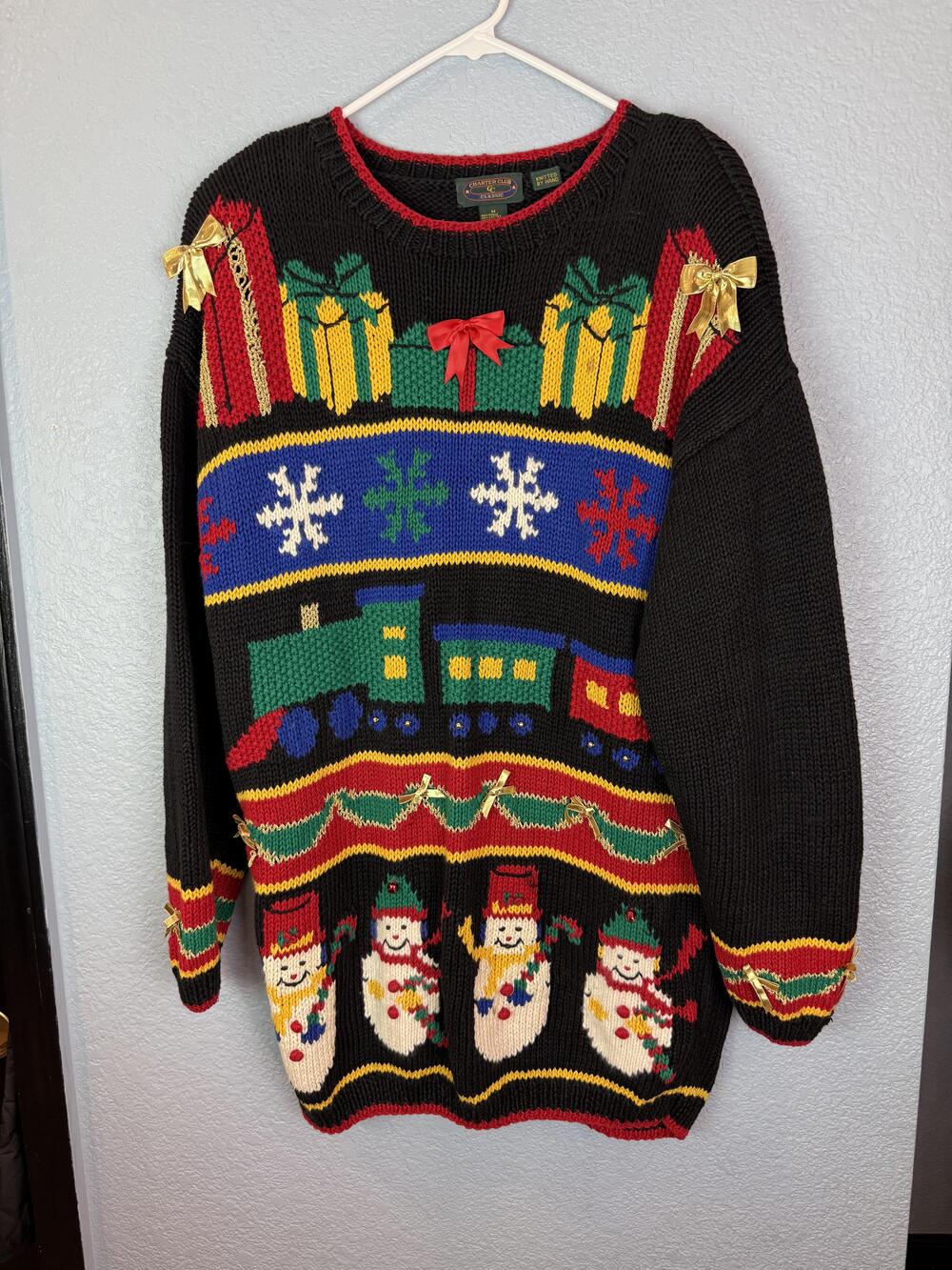 Charter Club Sweater Womens Medium Holiday Christmas Train Bow Snowman Ugly